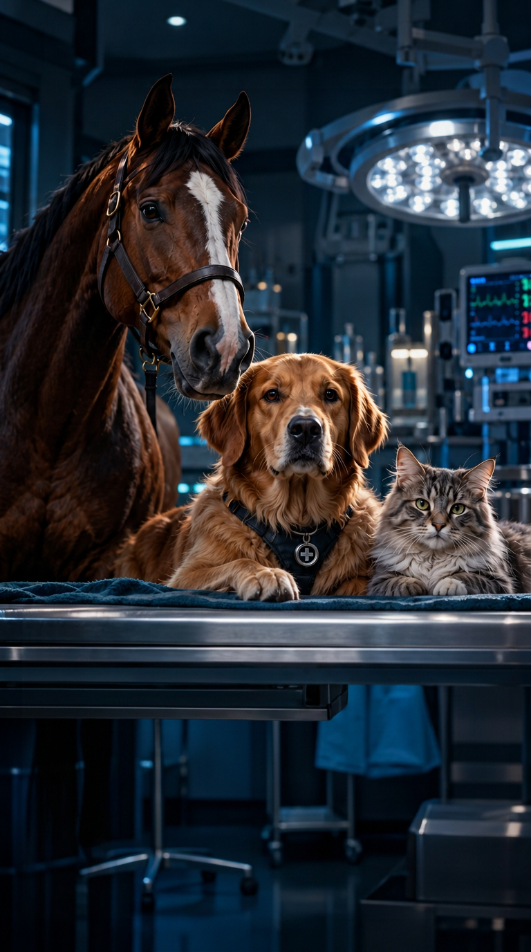 Horse, dog and cat in a veterinary surgery room